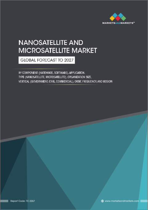 表紙：ナノ衛星・マイクロ衛星の世界市場：コンポーネント別 (ハードウェア、ソフトウェア)・用途別・種類別 (ナノ衛星、マイクロ衛星)・組織規模別・業種別 (政府、民間、商業)・軌道別・周波数別・地域別の将来予測 (2027年まで)