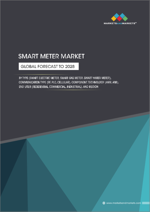 表紙：スマートメーターの世界市場：種類別 (電気、ガス、水道)・コンポーネント別・技術別 (AMI、AMR)・通信方式別 (RF、PLC、セルラー)・エンドユーザー別 (住宅用、商業用、産業用)・地域別の将来予測 (2028年まで)