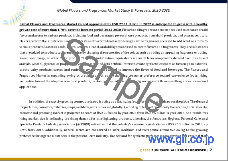 サンプル1：フレーバー・フレグランスの世界市場規模調査＆予測：タイプ別、最終用途産業、地域別分析、2023-2030年