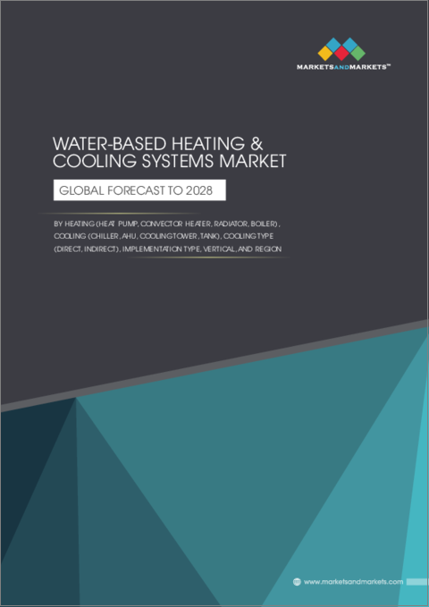 表紙：水ベース冷暖房システムの世界市場：加熱コンポーネント別 (ヒートポンプ、対流式ヒーター、ラジエーター、ボイラー)・冷却コンポーネント別 (チラー、AHU、冷却塔、膨張タンク)・冷却の種類別 (直接、間接)・実装の種類別・業種別・地域別の将来予測 (2028年まで)