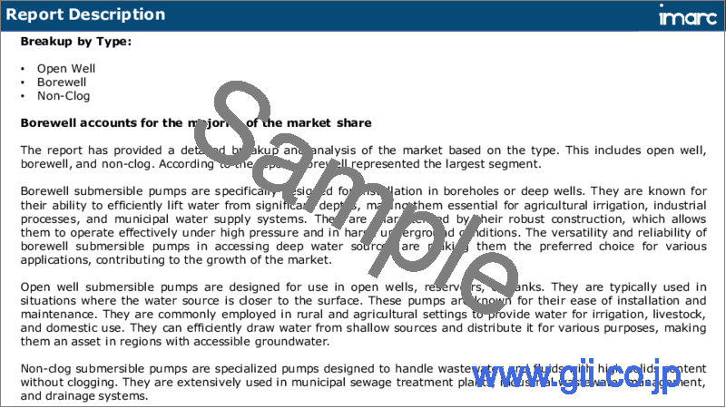 サンプル1：水中ポンプ市場レポート：タイプ、オペレーション、定格出力、用途、地域別、2024-2032