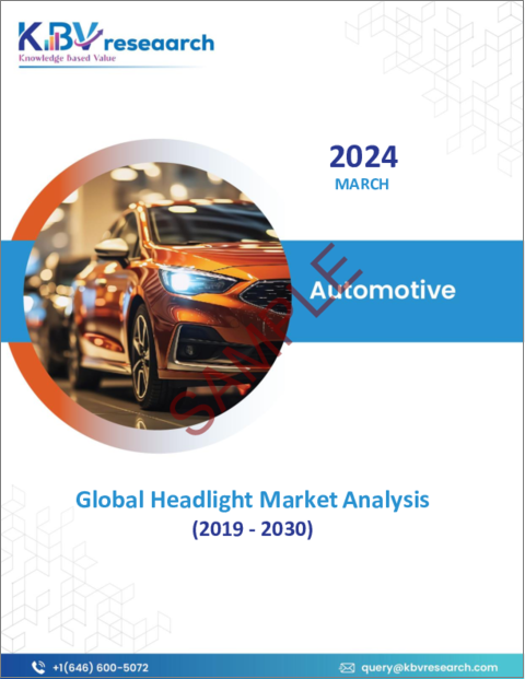 表紙：ヘッドライトの世界市場の規模、シェア、動向分析レポート-販売チャネル別、車両推進別、車両タイプ別、技術別、地域別展望と予測、2023年-2030年