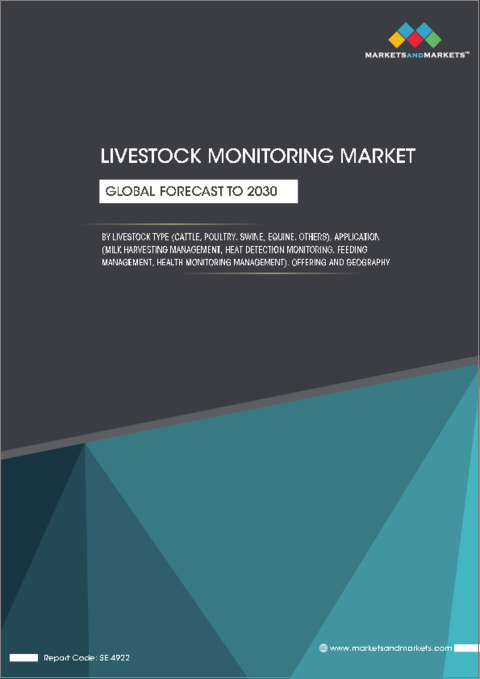 表紙：家畜モニタリングの世界市場：家畜タイプ（牛、家禽、豚、馬）、用途（採乳管理、熱検知モニタリング、給餌管理、健康モニタリング管理）、提供、地域別 - 2030年までの予測