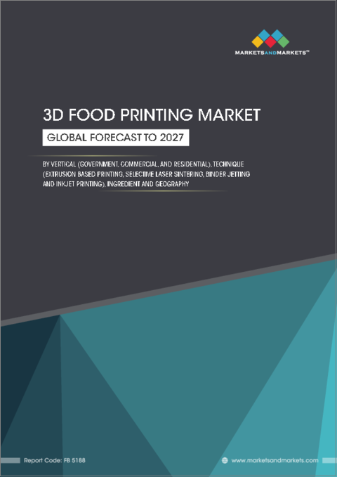 表紙：3Dフードプリンティングの世界市場：分野（政府、商業、住宅）、技術（押出法プリンティング、選択的レーザー焼結、バインダージェット、インクジェットプリンティング）、原材料、地域別 - 2027年までの予測