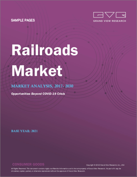 表紙：鉄道市場の規模、シェア、動向分析レポート：タイプ別（鉄道貨物、旅客鉄道）、エンドユース別（鉱業、建設、農業）、地域別、セグメント別予測、2022年～2030年