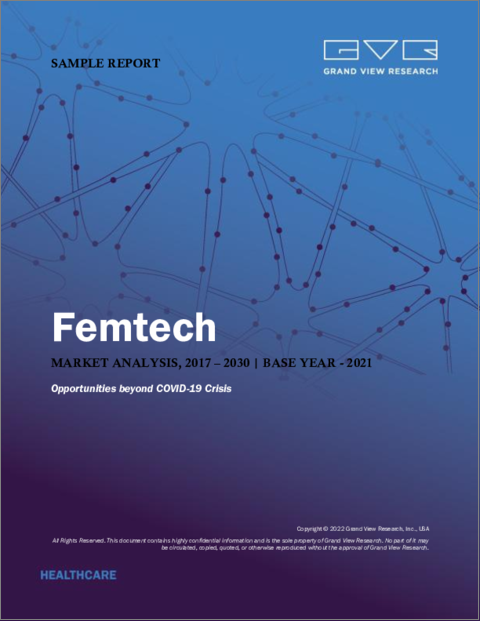 表紙：フェムテックの世界市場 - 市場規模・シェア・動向分析レポート：製品タイプ別（ウェアラブル、モバイルアプリ）、地域別、セグメント別の予測（2022年～2030年）