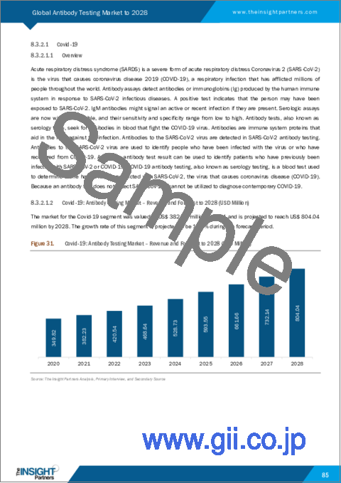 サンプル2：抗体検査の世界市場予測（2028年まで）：製品別、適応症別、エンドユーザー別の分析