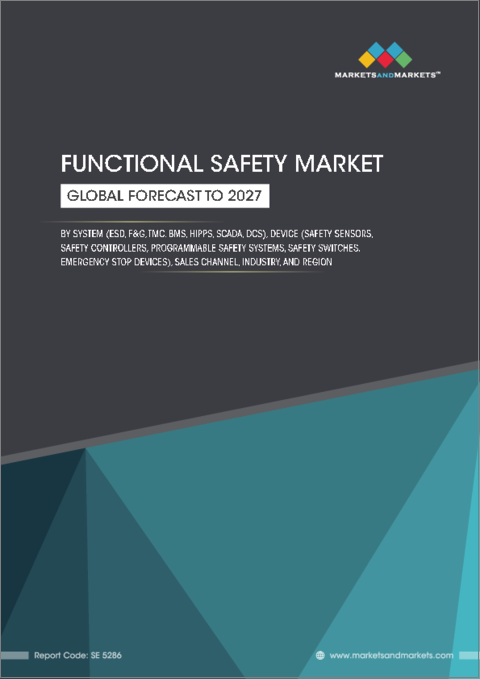 表紙：機能安全の世界市場：システム（ESD、F&G、TMC、BMS、HIPPS、SCADA、DCS）、デバイス（安全センサー、安全コントローラー、プログラマブル安全システム、安全スイッチ、緊急停止装置）、販売チャネル、業界、地域別 - 2027年までの予測