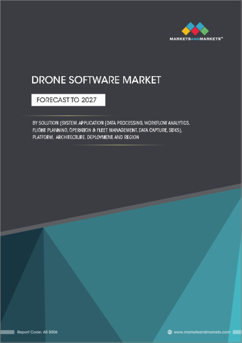 表紙：ドローンソフトウェアの世界市場：ソリューション（アプリケーション、システム）、プラットフォーム（防衛・政府、商業、コンシューマー）、アーキテクチャ（オープンソース、クローズドソース）、デプロイメント、地域別 - 2027年までの予測