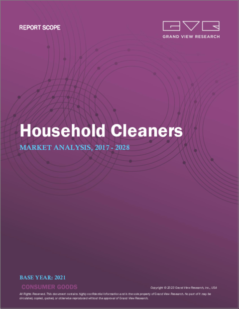 表紙：家庭用洗剤の世界市場：市場規模、シェア、動向分析-成分別、製品別、流通チャネル別、地域別、セグメント予測（2022～2028年）