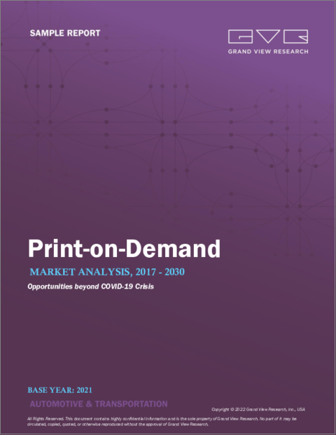 表紙：プリントオンデマンドの市場規模、シェア、動向分析：プラットフォーム（ソフトウェア、サービス）、ソフトウェア（スタンドアロン、統合）、製品（アパレル、住宅装飾、ドリンクウェア）、地域別のセグメント予測（2022年～2030年）