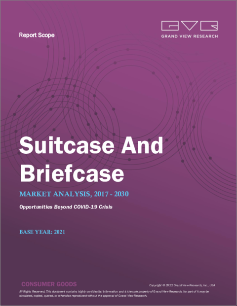 表紙：スーツケース・ブリーフケースの市場規模、シェア、動向分析：製品タイプ（トラベルケース、ビジネスケース）、流通チャネル、地域別のセグメント予測（2022年～2028年）