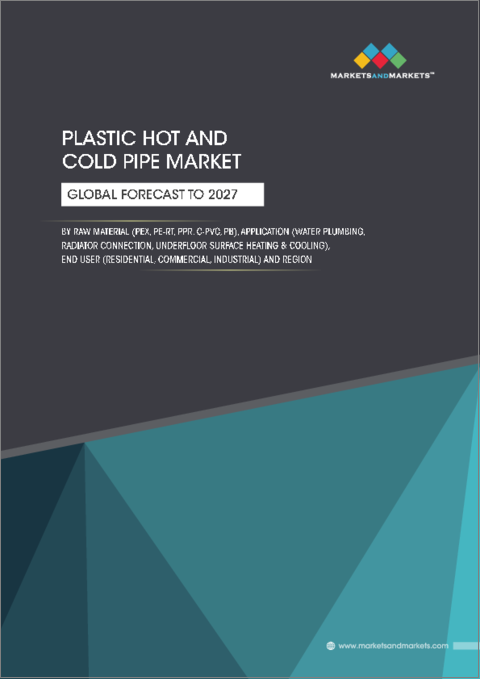 表紙：プラスチック製冷温管市場：原材料（PEX、PE-RT、PPR、C-PVC、PB）、用途（水道管、ラジエーター接続管、床暖房・冷房）、エンドユーザー、地域別-2027年までの世界動向・予測