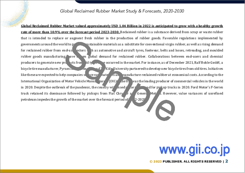 サンプル1：再生ゴムの世界市場（2022年～2028年）：製品別、最終用途別、地域別の市場規模調査と予測
