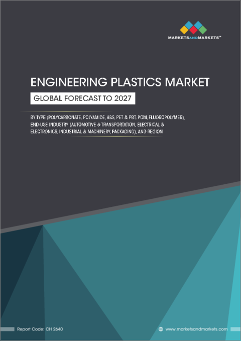 表紙：エンジニアリングプラスチックの世界市場：種類別 (ポリカーボネート、ポリアミド、ABS、PET＆PBT、POM、フッ素樹脂)・最終用途産業別 (自動車・輸送機械、電気・電子、工業・機械、包装)・地域別の将来予測 (2027年まで)