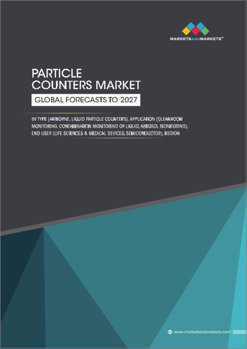 表紙：粒子計数器の世界市場：種類別 (空中、液体)・用途別 (クリーンルーム監視、液体汚染監視、エアロゾル監視)・エンドユーザー別 (ライフサイエンス・医療機器、半導体)・地域別の将来予測 (2027年)
