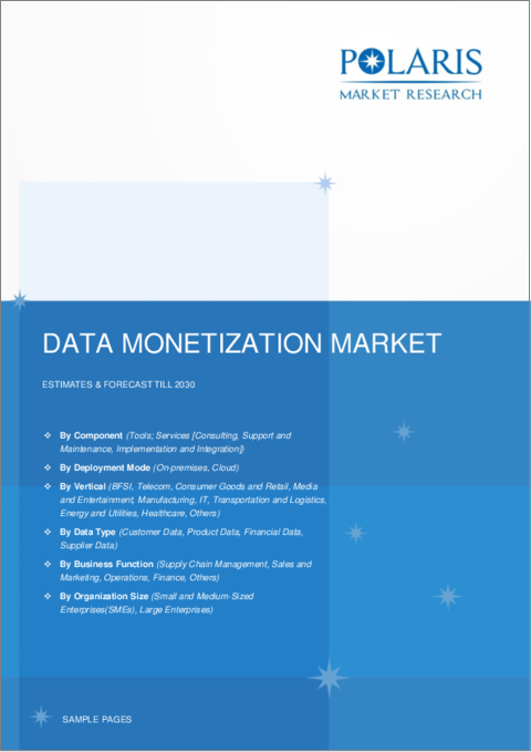 表紙：データマネタイゼーションの世界市場：シェア、規模、動向、産業分析レポート：データ別（顧客、製品、財務、サプライヤー）、業界別、コンポーネント別、地域別、セグメント別予測（2022年～2030年）