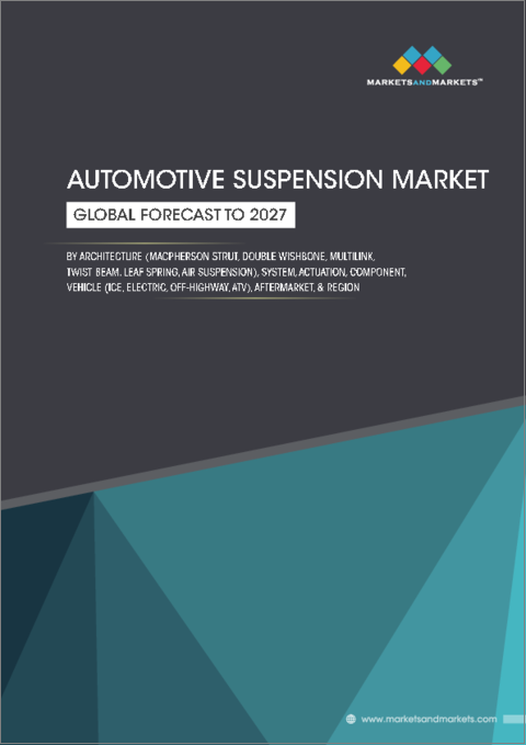 表紙：自動車用サスペンションの世界市場：アーキテクチャ別、システム別、アクチュエータ別、コンポーネント別、車両別（内燃機関、電気、オフハイウェイ、ATV）、アフターマーケット、地域別 - 2027年までの予測