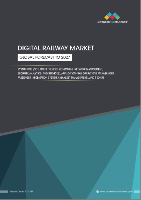 表紙：鉄道デジタル化の世界市場：ソリューション別（遠隔モニタリング、ネットワーク管理、セキュリティ、分析）、サービス別、用途別（鉄道運行管理、旅客情報システム、資産管理）、地域別 - 2027年までの市場予測