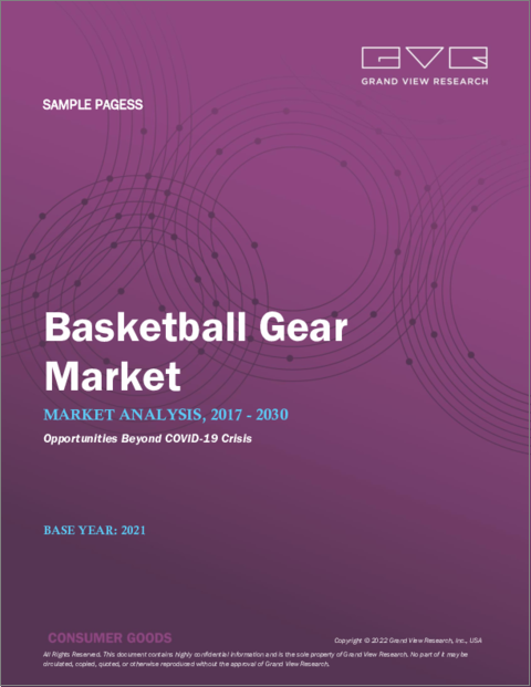 表紙：バスケットボールギアの市場規模、シェア、動向分析レポート：製品別（バスケットボールボール、フープ＆バックボード、アクセサリー）、流通チャネル別（オフライン、オンライン）、地域別、セグメント別予測、2022年～2030年