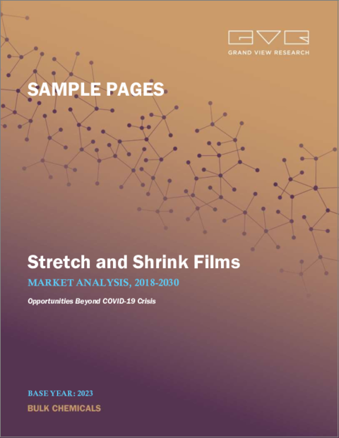 表紙：ストレッチフィルムとシュリンクフィルムの市場規模、シェア、動向分析レポート：タイプ別（LLDPE、LDPE、PVC）、素材別（フード、ワープ、スリーブラベル）、用途別（飲食品、工業包装、医薬品）、およびセグメント予測、2022年～2030年