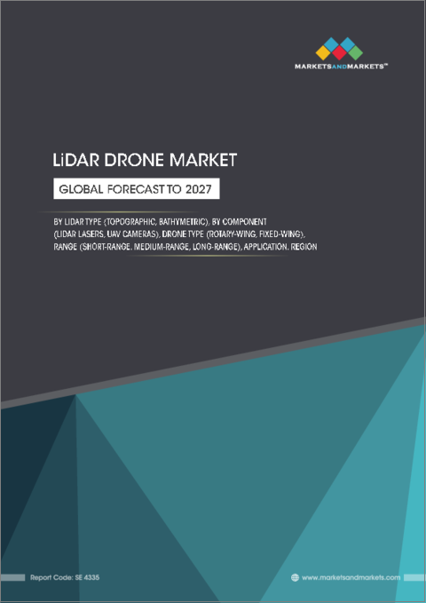 表紙：LiDARドローンの世界市場：LiDARの種類別 (地形測量用、海底測量用)・コンポーネント別 (LiDARレーザー、UAVカメラ)・ドローンの種類別 (回転翼式、固定翼式)・航続距離別 (短距離、中距離、長距離)・用途別・地域別の将来予測 (2027年まで)