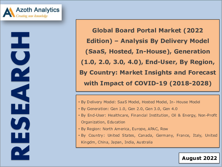 表紙：ボードポータルの世界市場 - 提供モデル別 (SaaS、ホスト型、社内)・世代別 (第1世代、第2世代、第3世代、第4世代)・エンドユーザー別・地域別・国別の分析 (2022年版)：市場の考察・予測、新型コロナウイルス感染症 (COVID-19) の影響 (2018年～2028年)