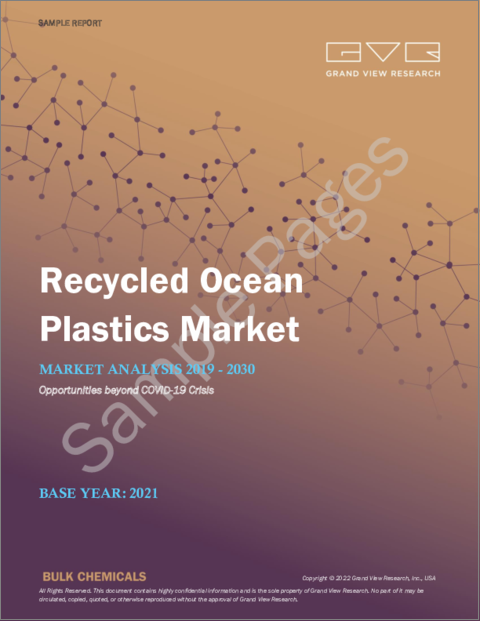 表紙：再生海洋プラスチック市場の規模、シェア、動向分析レポート：樹脂別（HDPE、LDPE、PP、PET、PS、PVC）、寸法別、供給元別、用途別、地域別、セグメント別予測、2022年～2030年