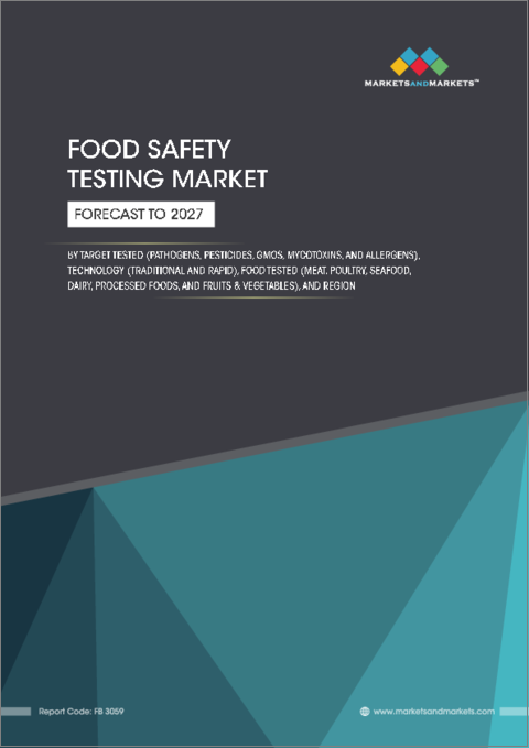 表紙：食品安全性検査の世界市場：検査対象別・技術別 (従来型、迅速型)・検査済み食品別 (食肉・鶏肉・魚介類、乳製品、加工食品、果物・野菜、穀物)・地域別の将来予測 (2027年まで)