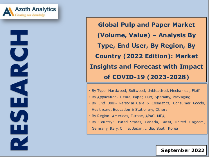 表紙：パルプ・製紙の世界市場 (数量・金額ベース) - 種類別・エンドユーザー別・地域別・国別の分析 (2022年版)：市場の考察・予測、新型コロナウイルス感染症 (COVID-19) の影響 (2023年～2028年)