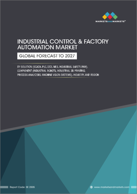 表紙：産業制御・工場自動化の世界市場：コンポーネント別・ソリューション別 (SCADA、PLC、DCS、MES、産業安全、PAM)・産業別 (プロセス産業、ディスクリート産業)・地域別 (北米、欧州、アジア太平洋、他の国々 (RoW)) の将来予測 (2027年まで)
