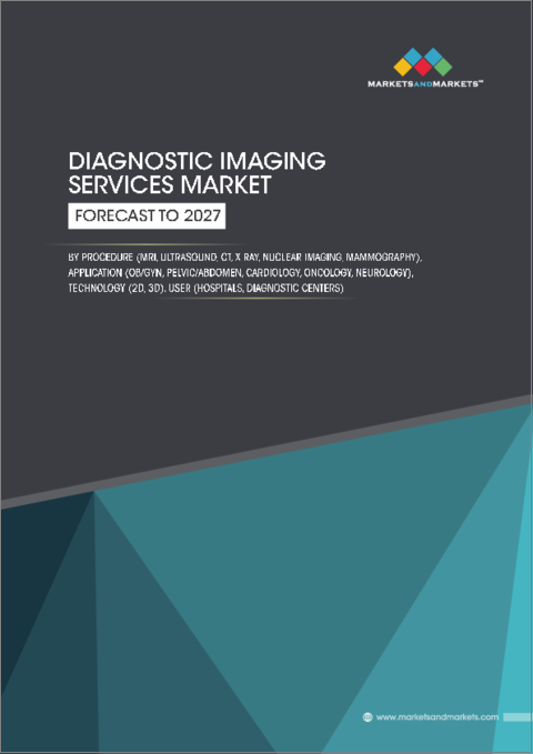 表紙：画像診断サービスの世界市場：モダリティ別（MRI、超音波、CT、X線、核イメージング、マンモグラフィー）、用途別（産婦人科、骨盤/腹部、循環器、腫瘍、神経）、技術別、ユーザー別（病院、診断センター） - 2027年までの世界予測