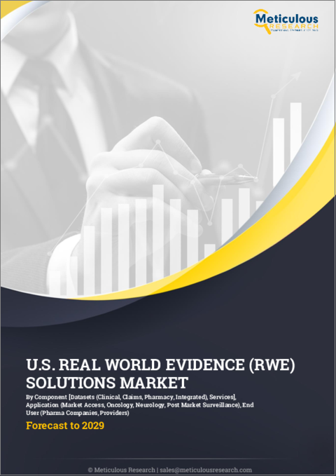 表紙：リアルワールドエビデンス (RWE) ソリューションの米国市場：コンポーネント別［データセット（臨床、請求、薬局、統合）、サービス］、用途別（市場アクセス、腫瘍学、神経学）、エンドユーザー別（製薬、医療提供者）の予測（～2029年）