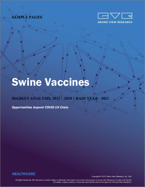 表紙：豚用ワクチンの市場規模、シェア、動向分析レポート、製品別（組み換え、不活化）、タイプ別（疑似狂犬病、豚サーコウイルス2型）、地域別、セグメント別予測、2022年～2030年