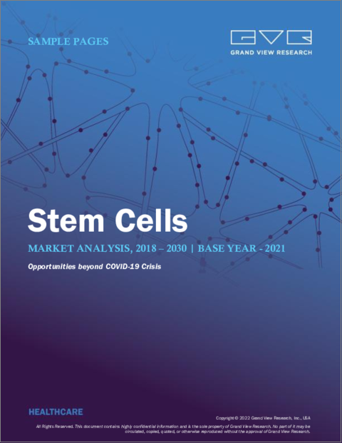 表紙：幹細胞市場：規模、シェア、動向分析レポート：製品別（成体幹細胞、ヒト胚性幹細胞）、用途別、技術別、治療法別、最終用途別、地域別、セグメント別予測、2022年～2030年