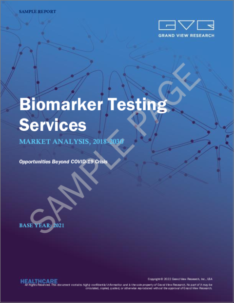 表紙：バイオマーカー検査サービス市場規模、シェア＆動向分析レポート：サービス別（バイオマーカーアッセイ開発＆バリデーション、フローサイトメトリー）、エンドユーザー別（研究機関、CROS）、地域別、セグメント別予測、2022年～2030年