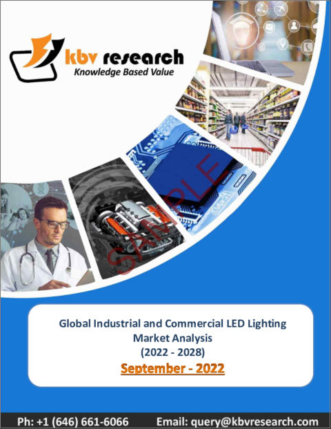 表紙：産業用・商業用LED照明の世界市場規模、シェア、産業動向分析レポート：製品タイプ別、用途別、エンドユーザー別、地域別展望と予測、2022年～2028年