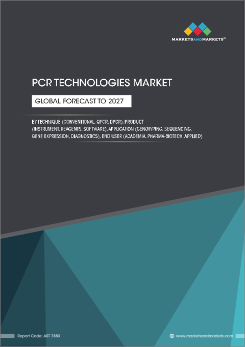 表紙：PCR技術の世界市場：技術別 (従来型、qPCR、dPCR)・製品別 (装置、試薬、ソフトウェア)・用途別 (ジェノタイピング、配列決定、遺伝子発現、診断)・エンドユーザー別 (教育機関、製薬・バイオテクノロジー、応用) の将来予測 (2027年まで)