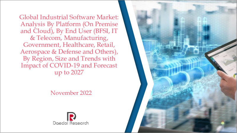 表紙：産業用ソフトウェアの世界市場：プラットフォーム別、エンドユーザー別、地域別の分析、市場規模と動向、COVID-19の影響、2027年までの予測