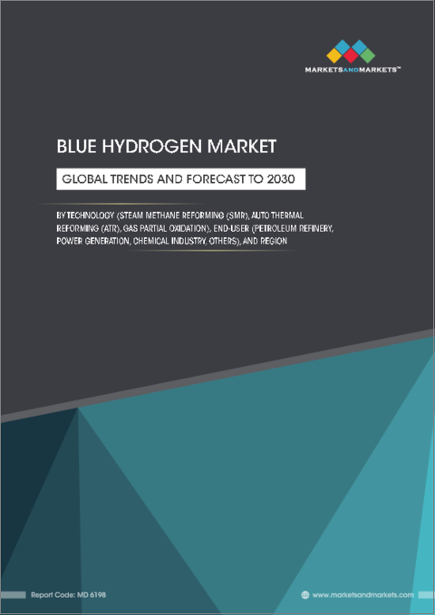 表紙：ブルー水素の世界市場：技術別（水蒸気メタン改質（SMR）, ガス部分酸化（POX）, 自己熱改質（ATR））、エンドユーザー別（石油精製所、化学工業、発電施設）、地域別 - 2030年までの予測