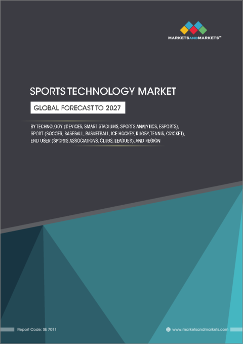 表紙：スポーツテクノロジーの世界市場：技術別（デバイス、スマートスタジアム、スポーツアナリティクス、eスポーツ）、スポーツ別（サッカー、野球、バスケットボール、アイスホッケー、ラグビー、テニス、クリケット）、エンドユーザー別、地域別 - 2027年までの予測