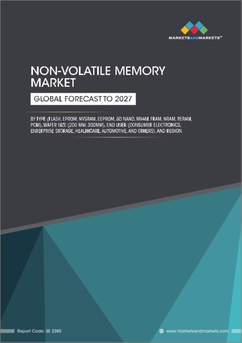 表紙：不揮発性メモリの世界市場：種類別 (フラッシュ、EPROM、nvSRAM、EEPROM、3D NAND、MRAM、FRAM、NRAM、ReRAM、PMC)・ウエハーのサイズ別 (200mm、300mm)・エンドユーザー別 (民生用、企業用ストレージ、医療、自動車)・地域別の将来予測 (2027年まで)
