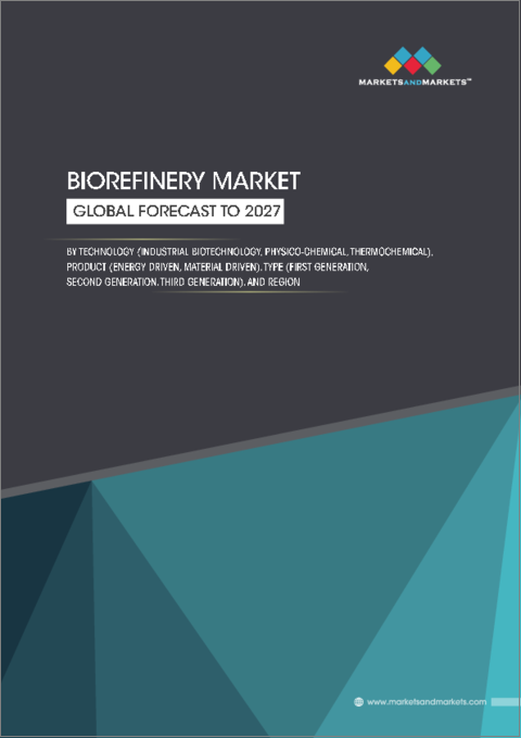 表紙：バイオリファイナリーの世界市場：種類別 (第一世代、第二世代、第三世代)・技術別 (産業用バイオテクノロジー、物理化学、熱化学)・製品別 (エネルギー駆動型、材料駆動型)・地域別の将来予測 (2027年まで)