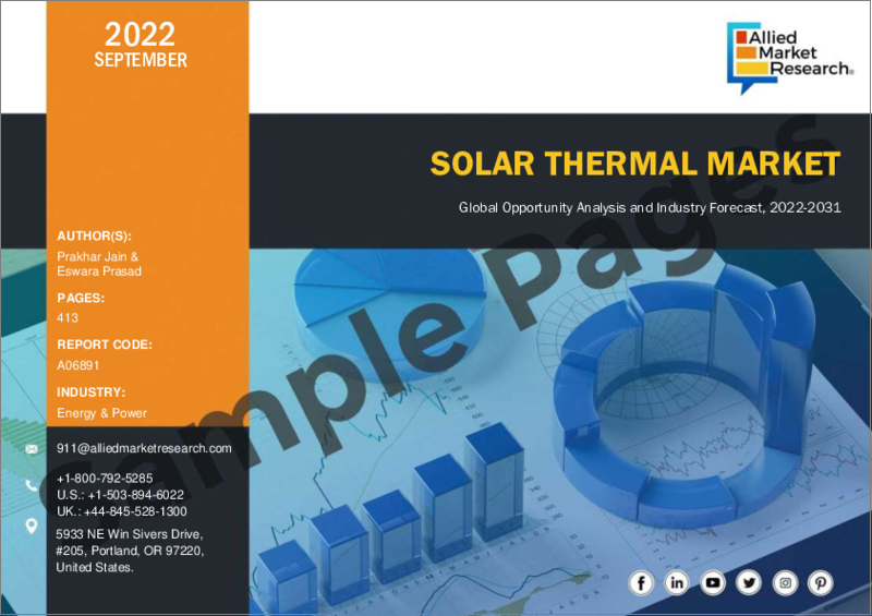 表紙：太陽熱市場：集熱器タイプ別、システム別、用途別、最終用途別：世界の機会分析および産業予測、2021-2031年
