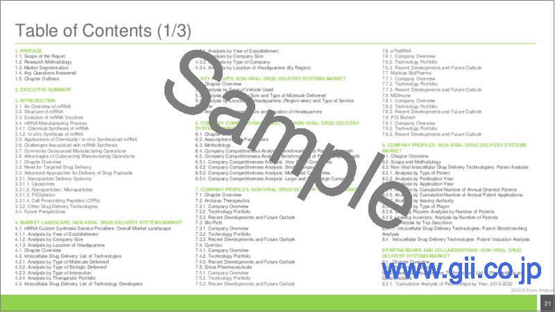 サンプル2：非ウイルス・細胞内ドラッグデリバリーシステム市場：分子タイプ別、送達する生物製剤タイプ別、使用する賦形剤タイプ別、治療領域タイプ別、支払方法別、主要地域別：業界動向と世界の予測、2023年～2035年