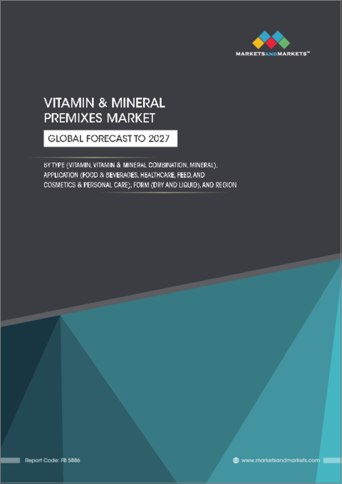 表紙：ビタミン・ミネラルプレミックスの世界市場：種類別 (ビタミン、ミネラル、ビタミン・ミネラル配合)・用途別 (食品・飲料、飼料、健康管理、化粧品・パーソナルケア用品)・形状別 (乾燥、液体)・機能別・地域別の将来予測 (2027年まで)