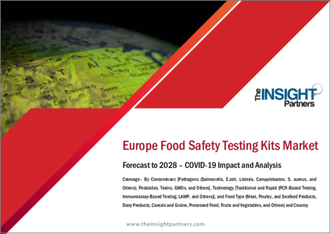 表紙：欧州の食品安全検査キット市場の2028年までの予測-地域分析-汚染物質、技術、食品タイプ別