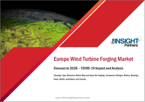 表紙：欧州の風力タービン鍛造市場の2028年までの予測- 地域別分析- タイプ別（シームレスロールドリング、オープンダイフォージング）、コンポーネント別（フランジ、ブレード、ベアリング、ギア、シャフト、その他）