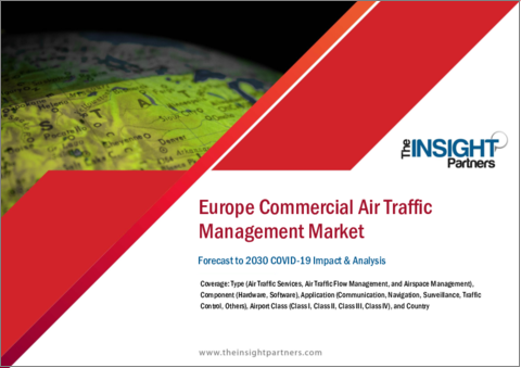 表紙：欧州の商用航空交通管理市場の2030年までの予測- 地域別分析- タイプ、コンポーネント、アプリケーション、空港クラス別