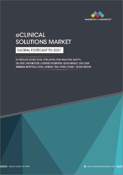 表紙：eClinicalソリューションの世界市場：製品別・提供方式別・エンドユーザー別・治験段階別・地域別の将来予測 (2027年まで)